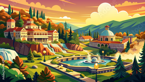  Very beautiful panoramic view of Hot Springs National Park with its thermal springs, lush forested hills, and historic bathhouse district shining under a vibrant afternoon sky.
