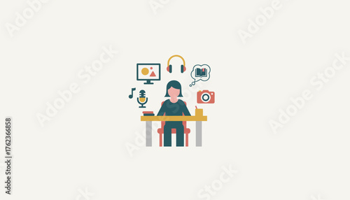 Woman sitting at a desk surrounded by icons representing graphic design, music, audio, photography, and reading, illustrating personal development, education, and artistic passion