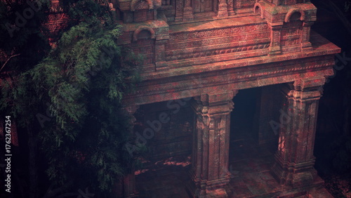 An ancient Inca temple, partially obscured by lush jungle vegetation, stands mysteriously as twilight descends.