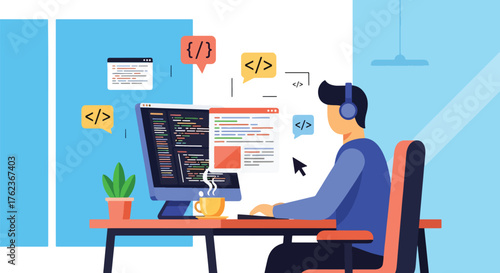 Vector art of a web developer coding at a computer in a modern workspace, representing software development, programming, and digital technology innovation in web design and coding education