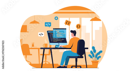 Vector art of a web developer coding at a computer in a modern workspace, representing software development, programming, and digital technology innovation in web design and coding education