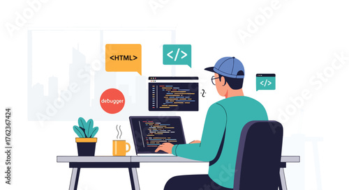 Vector art of a web developer coding at a computer in a modern workspace, representing software development, programming, and digital technology innovation in web design and coding education