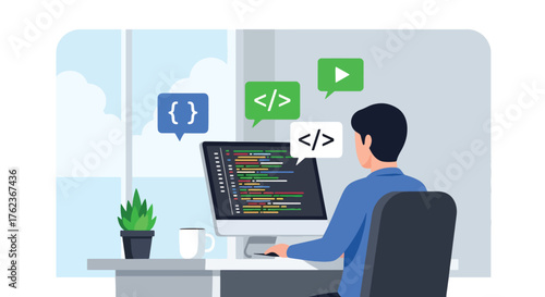Vector art of a web developer coding at a computer in a modern workspace, representing software development, programming, and digital technology innovation in web design and coding education