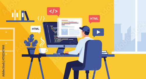 Vector art of a web developer coding at a computer in a modern workspace, representing software development, programming, and digital technology innovation in web design and coding education