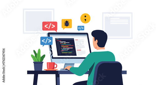 Vector art of a web developer coding at a computer in a modern workspace, representing software development, programming, and digital technology innovation in web design and coding education