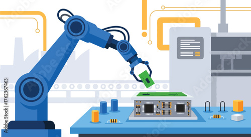 Vector art of a robotic arm assembling a microchip on a circuit board in a smart factory, representing automation, robotics, and advanced manufacturing technology in modern industry