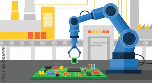 Vector art of a robotic arm assembling a microchip on a circuit board in a smart factory, representing automation, robotics, and advanced manufacturing technology in modern industry
