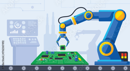 Vector art of a robotic arm assembling a microchip on a circuit board in a smart factory, representing automation, robotics, and advanced manufacturing technology in modern industry