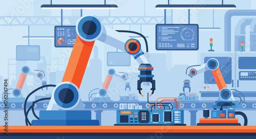 Vector art of a robotic arm assembling a microchip on a circuit board in a smart factory, representing automation, robotics, and advanced manufacturing technology in modern industry