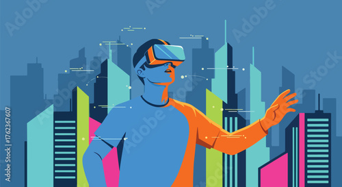 Vector art of a person using virtual reality goggles in a futuristic digital city, symbolizing innovation, immersive technology, and the future of virtual experiences and metaverse exploration