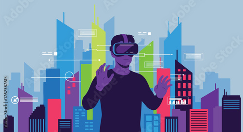 Vector art of a person using virtual reality goggles in a futuristic digital city, symbolizing innovation, immersive technology, and the future of virtual experiences and metaverse exploration