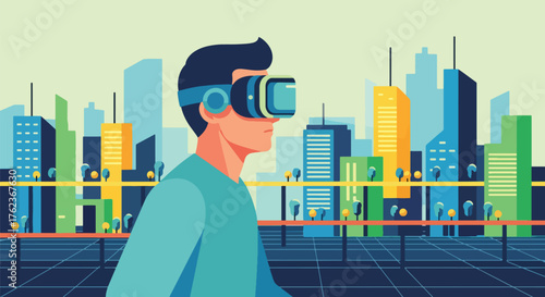 Vector art of a person using virtual reality goggles in a futuristic digital city, symbolizing innovation, immersive technology, and the future of virtual experiences and metaverse exploration