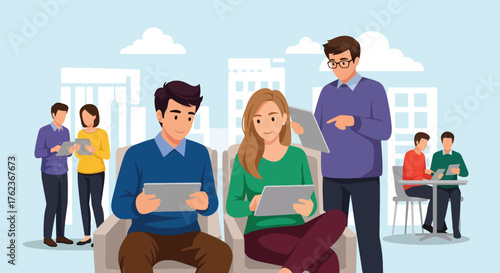 Vector art of office workers using cloud technology for teamwork and data sharing, symbolizing digital collaboration, online productivity, and modern business communication in a connected workspace
