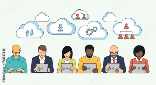 Vector art of office workers using cloud technology for teamwork and data sharing, symbolizing digital collaboration, online productivity, and modern business communication in a connected workspace