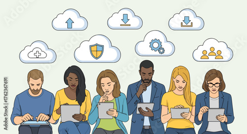 Vector art of office workers using cloud technology for teamwork and data sharing, symbolizing digital collaboration, online productivity, and modern business communication in a connected workspace