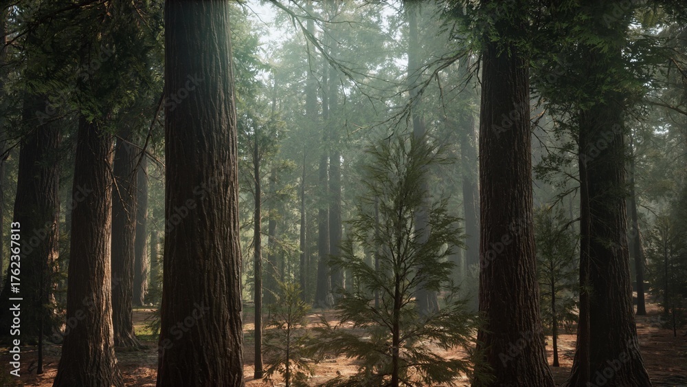 Obraz premium Sunlight filters through the tall trees in a serene forest, illuminating the natural beauty surrounding. Fresh air fills the atmosphere as wildlife stirs beneath the canopy, creating harmony.