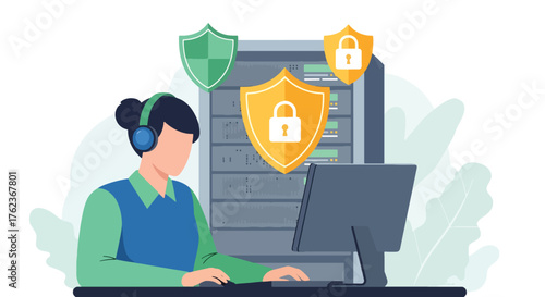 Vector art of an IT specialist monitoring cybersecurity on a computer with secure servers and data protection icons, representing online safety, privacy, and digital network security management
