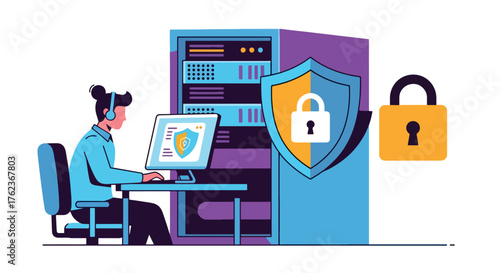 Vector art of an IT specialist monitoring cybersecurity on a computer with secure servers and data protection icons, representing online safety, privacy, and digital network security management