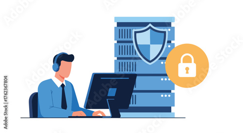 Vector art of an IT specialist monitoring cybersecurity on a computer with secure servers and data protection icons, representing online safety, privacy, and digital network security management
