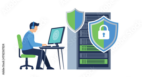 Vector art of an IT specialist monitoring cybersecurity on a computer with secure servers and data protection icons, representing online safety, privacy, and digital network security management