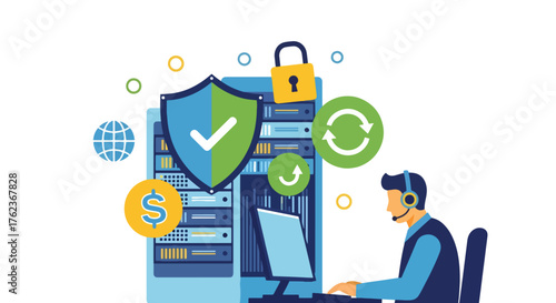 Vector art of an IT specialist monitoring cybersecurity on a computer with secure servers and data protection icons, representing online safety, privacy, and digital network security management