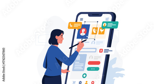 Vector art of a designer working on a tablet creating a mobile app interface in a modern home office, representing creativity, UI design, and digital innovation in technology development