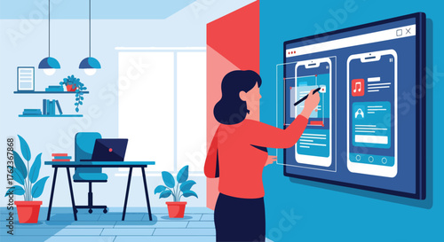 Vector art of a designer working on a tablet creating a mobile app interface in a modern home office, representing creativity, UI design, and digital innovation in technology development