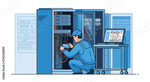 Vector art of an IT technician managing network cables in a data server center, cybersecurity, cloud computing, and modern information technology infrastructure maintenance and connectivity