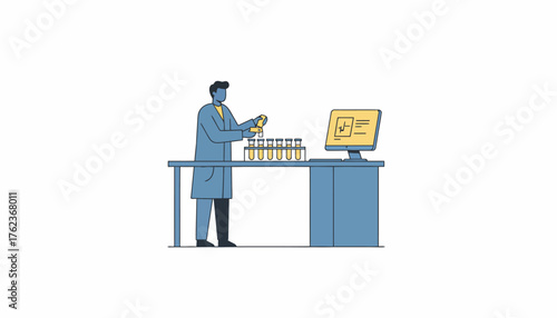 Scientist in lab coat pouring liquid into test tubes amid lab equipment and computer screen showing data, cartoon style illustration for research, chemistry and medical concepts