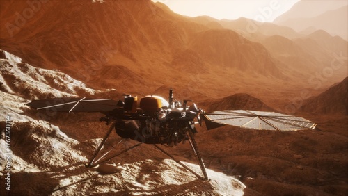 Φωτογραφία A robotic lander surveys the rugged landscape of Mars, capturing detailed geological features under the warm hues of a distant sun, while equipped with advanced scientific instruments