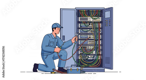 Vector art of an IT technician managing network cables in a data server center, cybersecurity, cloud computing, and modern information technology infrastructure maintenance and connectivity
