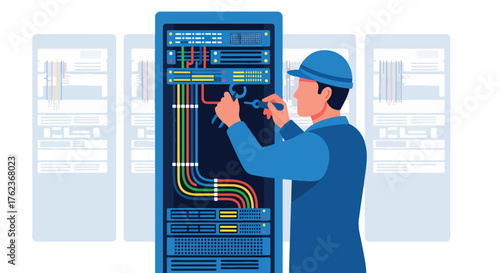 Vector art of an IT technician managing network cables in a data server center, cybersecurity, cloud computing, and modern information technology infrastructure maintenance and connectivity