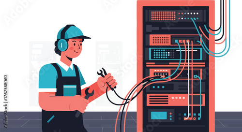 Vector art of an IT technician managing network cables in a data server center, cybersecurity, cloud computing, and modern information technology infrastructure maintenance and connectivity
