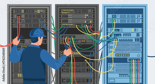 Vector art of an IT technician managing network cables in a data server center, cybersecurity, cloud computing, and modern information technology infrastructure maintenance and connectivity