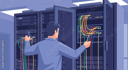 Vector art of an IT technician managing network cables in a data server center, cybersecurity, cloud computing, and modern information technology infrastructure maintenance and connectivity