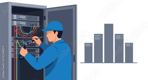 Vector art of an IT technician managing network cables in a data server center, cybersecurity, cloud computing, and modern information technology infrastructure maintenance and connectivity