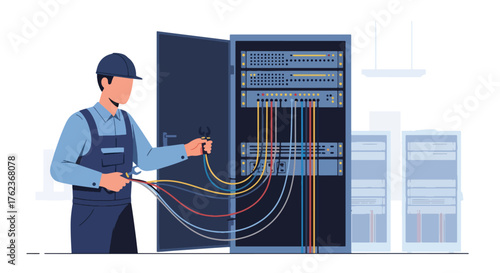 Vector art of an IT technician managing network cables in a data server center, cybersecurity, cloud computing, and modern information technology infrastructure maintenance and connectivity