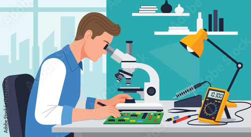 Vector art of an engineer working on an electronic circuit with a microscope in a modern lab, representing innovation, research, and technology development in science and engineering education
