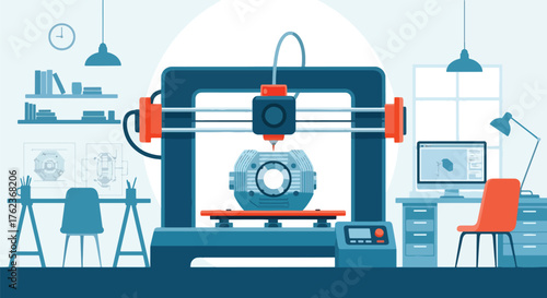 Vector art of a 3D printer creating a mechanical part in a modern workshop, illustrating innovation, product design, and advanced manufacturing technology for engineering or education concepts