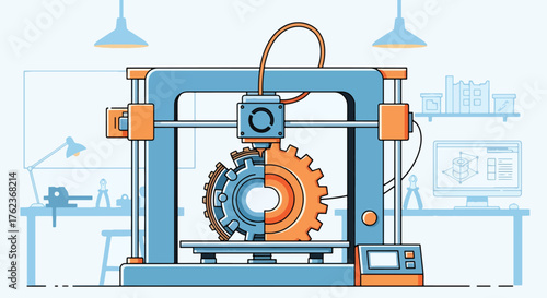 Vector art of a 3D printer creating a mechanical part in a modern workshop, illustrating innovation, product design, and advanced manufacturing technology for engineering or education concepts