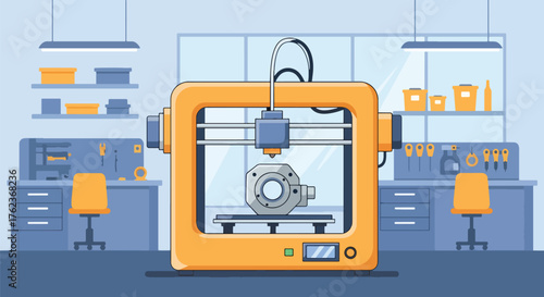Vector art of a 3D printer creating a mechanical part in a modern workshop, illustrating innovation, product design, and advanced manufacturing technology for engineering or education concepts