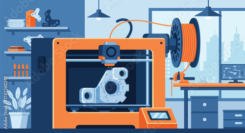 Vector art of a 3D printer creating a mechanical part in a modern workshop, illustrating innovation, product design, and advanced manufacturing technology for engineering or education concepts