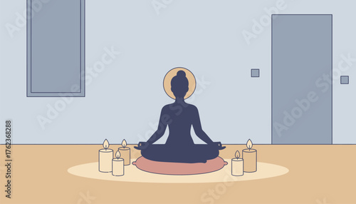 Woman meditating cross legged on a cushion in a cozy interior, hands in prayer, surrounded by lit candles and a soft glowing halo, serene and mindful moment of calm