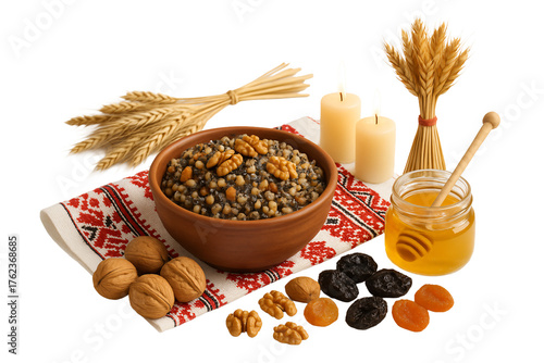 Traditional Ukrainian Christmas kutia with honey, nuts, dried fruits, and wheat on festive cloth.