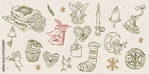 Whimsical Christmas collection with festive food, angels, candles, bells, skates, cookies, stockings. Big set vintage hand drawn sketch line ink outline vector in minimal retro chalk texture style.
