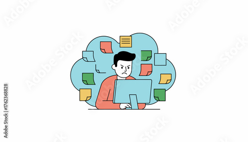 Man feeling stress and overload while working on a computer, surrounded by a cloud of numerous sticky notes representing tasks and information overload, on a transparent background