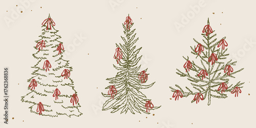 Whimsical Christmas tree with bow decoration set. Hand drawn minimal line scribble style. Vintage ink texture, retro charm. Outline festive elements. Chalk, crayon touch. Isolated vector illustration.