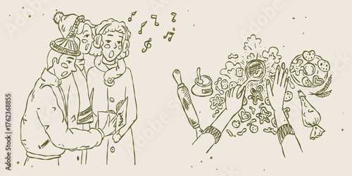 Whimsical Christmas illustration. Singing carolers and cozy home baking cookies scene. Hand drawn vintage line ink outline vector in minimal retro chalk texture style. Festive nostalgic winter mood.