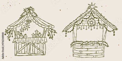 Whimsical vintage Christmas market stalls set. Hand drawn minimal line art with ink, chalk, crayon texture. Retro festive wooden booths and huts outline for winter fair, holiday decor vector isolated 