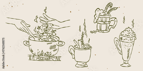 Cozy linear Christmas drink set with homemade mulled wine, hot cocoa, cappuccino and beer. Hand drawn whimsical line vector in vintage retro style, ink scribble texture, minimal outline illustration.